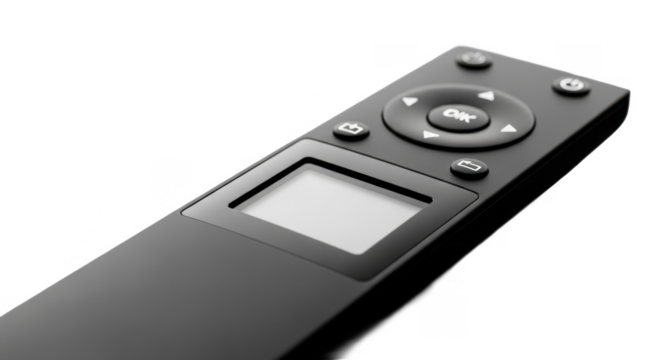 A modern, black remote control, angled, with buttons and a display.