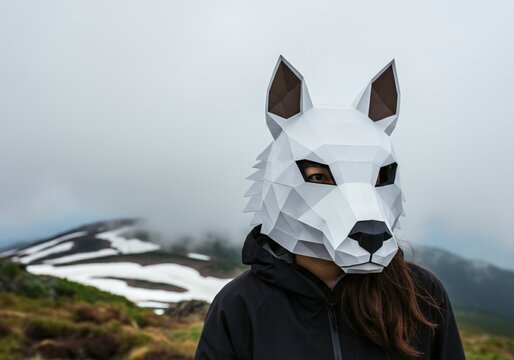 Person wearing geometric wolf mask in foggy mountain landscape
