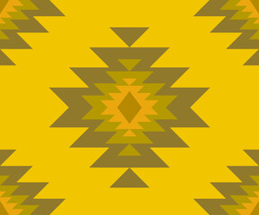 A modern take on Navajo aesthetics with a vibrant yellow color base and bold central geometric motifs. This seamless design blends traditional American indigenous patterns with contemporary warmth and