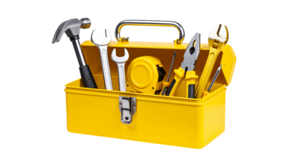 Metal toolbox displaying professional-grade hand tools - hammer, wrenches, pliers, screwdriver, tape measure - against transparent backdrop