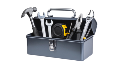 Metal toolbox displaying professional-grade hand tools - hammer, wrenches, pliers, screwdriver, tape measure - against transparent backdrop