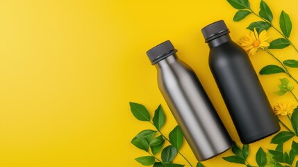 Silver and Black Water Bottles on Yellow Background with Green Leaves and Yellow Flowers