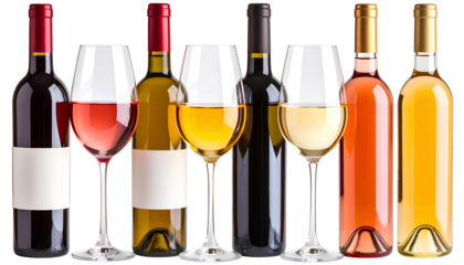  Elegant Wine Bottle and Glass Set  White, Rosé, Red Wine PNG Cutouts, Transparent Background PNG