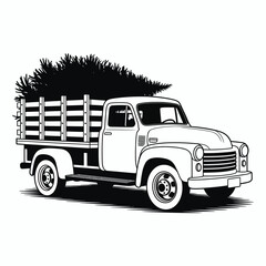 Vintage truck loaded with a christmas tree in the bed