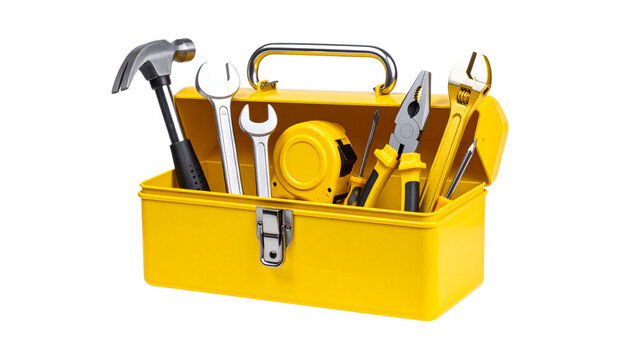 Metal toolbox displaying professional-grade hand tools - hammer, wrenches, pliers, screwdriver, tape measure - against transparent backdrop
