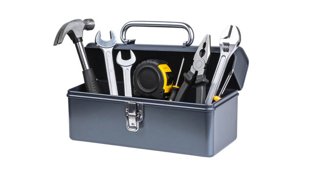 Metal toolbox displaying professional-grade hand tools - hammer, wrenches, pliers, screwdriver, tape measure - against transparent backdrop