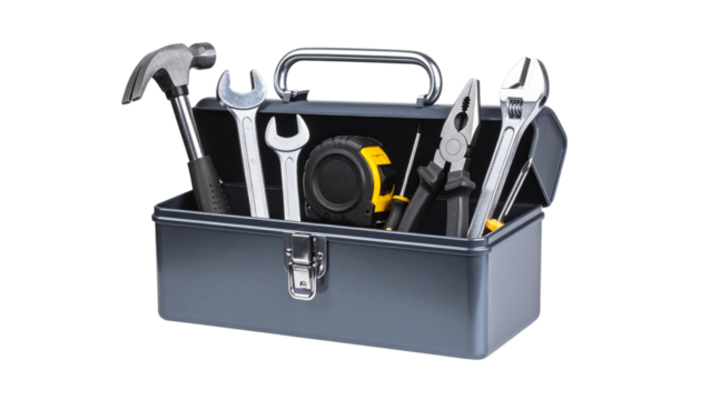 Metal toolbox displaying professional-grade hand tools - hammer, wrenches, pliers, screwdriver, tape measure - against transparent backdrop - Powered by Adobe