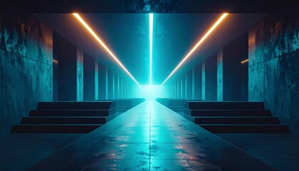 Abstract Futuristic Glowing Blue and Orange Corridor with Concrete Walls and Bright Light