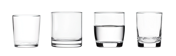 Four empty and one partially filled short, square drinking glasses