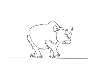Wild rhinoceros in single outline illustration. Continuous line art drawing of rhino animal.