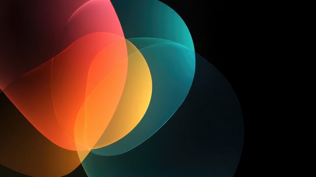 Abstract vector design with overlapping translucent shapes and bright color blends against rich black