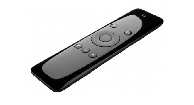 A sleek, black remote control, angled, with various buttons and a central dial, isolated on a white background.