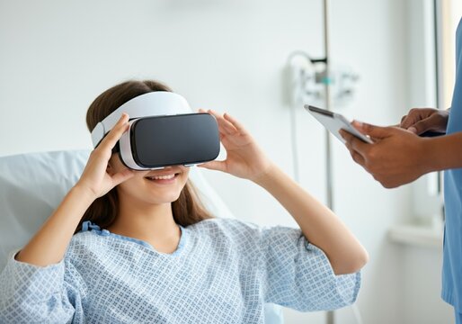 Young woman in hospital bed using virtual reality headset with medical professional nearby