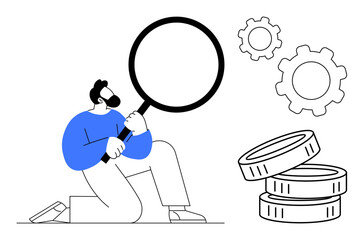 Man kneeling with a magnifying glass studying coins and gears, representing analysis, finance, and business strategy. Ideal for research, investment, management, data, growth planning education
