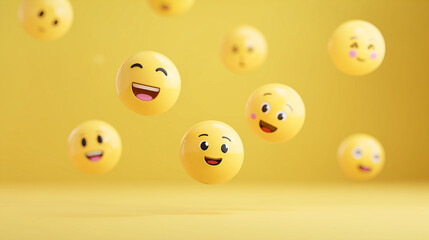 Fototapeta premium Floating 3D Emoji Faces on Bright Yellow Background – Playful and Colorful Social Media Concept with Smileys, Modern Communication Symbols, Joyful Expressions, and Digital Pop Art Style 