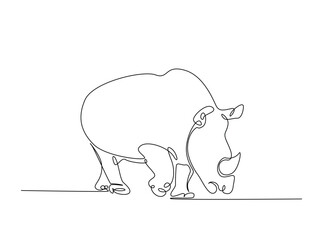 Wild rhinoceros in single outline illustration. Continuous line art drawing of rhino animal.