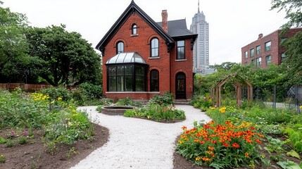 Red Brick House with Vibrant Flower Garden and Gravel Path