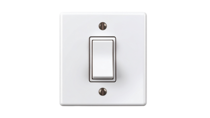 Close-up of a white light switch on a transparent background, showing the switch in the off position