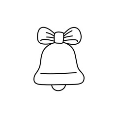 Vector line art illustration of a Christmas bell with a festive bow. Minimalist black and white drawing perfect for holiday decorations, greeting cards, seasonal designs, and festive projects.