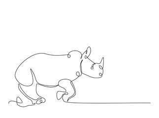 Wild rhinoceros in single outline illustration. Continuous line art drawing of rhino animal.