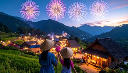 Adult and Child Wearing Traditional Conical Hats Watching Vibrant Fireworks Over a Charming Illuminated Village at Dusk