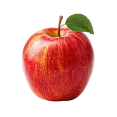 A shiny red apple with a green leaf is isolated on transparent background