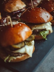 Delicious looking gourmet burger sliders on a dark background, ready to eat