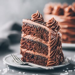 Delicious looking slice of chocolate cake with chocolate frosting close up