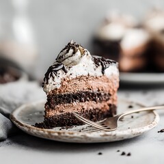 Delicious looking slice of chocolate cake with whipped cream topping