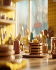 Delicious pancakes with melting butter and maple syrup on a sunlit counter