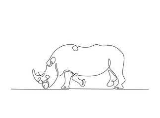 Wild rhinoceros in single outline illustration. Continuous line art drawing of rhino animal.