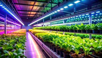 Indoor Farming Technology: Vibrant rows of young plants thrive under the glow of multi-colored LED grow lights in a modern, technologically advanced indoor farm.