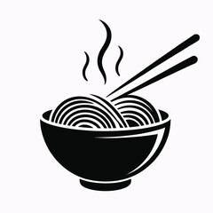 Stylized black and white icon of steaming noodles in a bowl with chopsticks