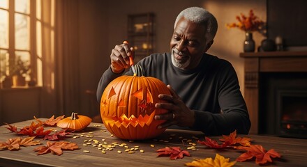 Man carving a jack o lantern pumpkin on a wooden table with autumn leaves in a cozy home setting