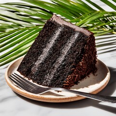 Delicious slice of chocolate cake with frosting layers and tropical backdrop