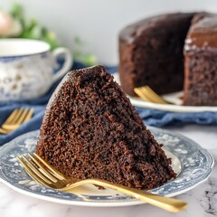 Delicious slice of chocolate cake with glossy ganache served on plate