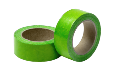 Two rolls of bright lime green adhesive tape, overlapping.  A cardboard core is visible in each roll
