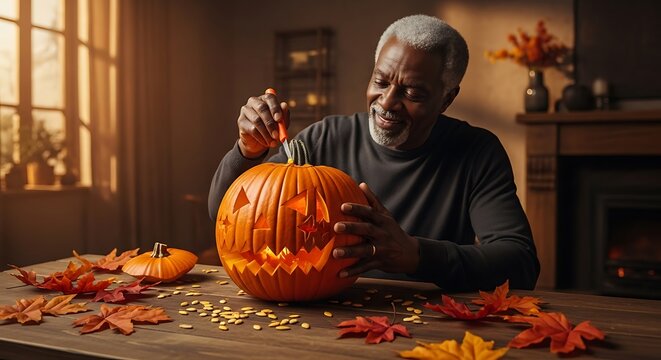 Man carving a jack o lantern pumpkin on a wooden table with autumn leaves in a cozy home setting