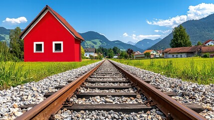 Red House by Railway Tracks Leading to Scenic Mountains