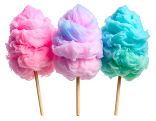 Close-Up of Three Cotton Candy Puffs in Vibrant Neon Colors on Sticks, Isolated on Transparent Background