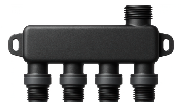 Thermoplastic distribution manifold with UV resistance for outdoor installation in a garden shed's irrigation system.