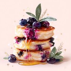 Delicious Stack of Blueberry Pancakes with Honey and Pretty Decorations