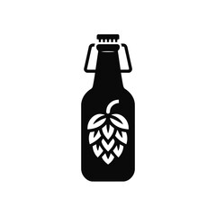 Black silhouette of a beer bottle with a hop icon and swing top lid