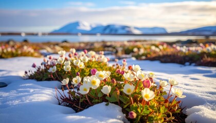 Blossoming life in Snowy Landscape: Delicate white and pink flowers bloom amidst the wintery snow, creating a captivating contrast against the backdrop of a snow-capped mountain range under a clear.