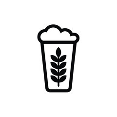 Simple black line icon of a beer glass with a wheat stalk and foam