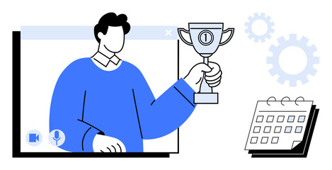 Person holding a trophy emerging from a video conference screen, calendar, and gears in the background. Ideal for remote success, online recognition, virtual teamwork, productivity, achievement