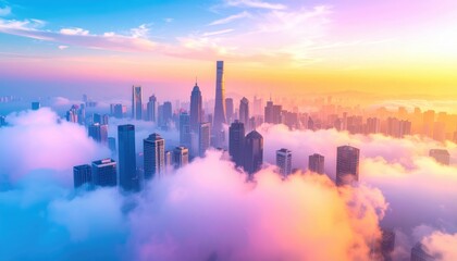 Fototapeta premium Cityscape Above the Clouds: A vibrant panorama of a modern metropolis rises majestically from a sea of clouds, bathed in the soft hues of dawn or dusk.