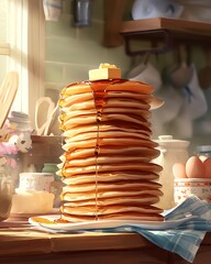 Delicious tall stack of pancakes with butter and syrup on a wooden counter