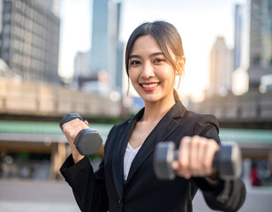 Motivational businesswoman lifting dumbbells in city setting