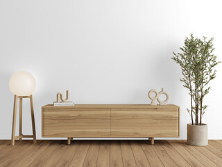 Low Wooden Cabinet PNG Cutout with Round Floor Lamp and Potted Olive Plant on Wooden Floor with Shadow – Transparent Wall Mockup with Realistic Shadows – 3D render